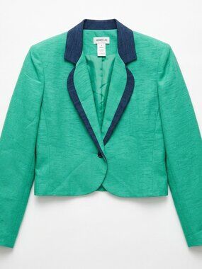 Henry Lee Vintage Size 8 Cropped Blazer Jacket Emerald Green Navy Blue Trim